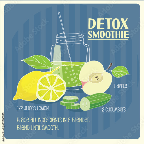 Illustration of  green detox smoothie recipe with ingredients. 