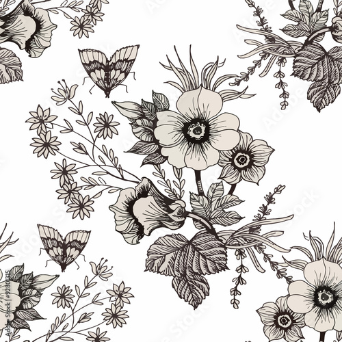 Seamless pattern with Beautiful flowers, Watercolor painting