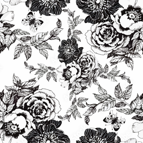 Seamless pattern with Beautiful flowers, Watercolor painting