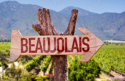 Beaujolais wooden sign with winery background