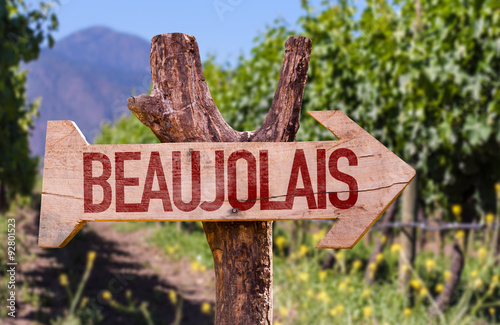 Beaujolais wooden sign with winery background photo