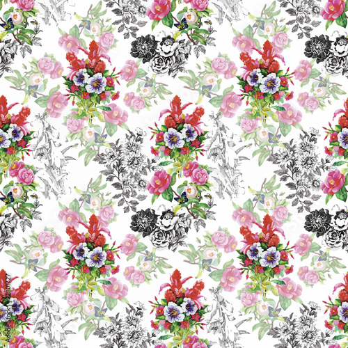 Seamless pattern with Beautiful flowers, Watercolor painting