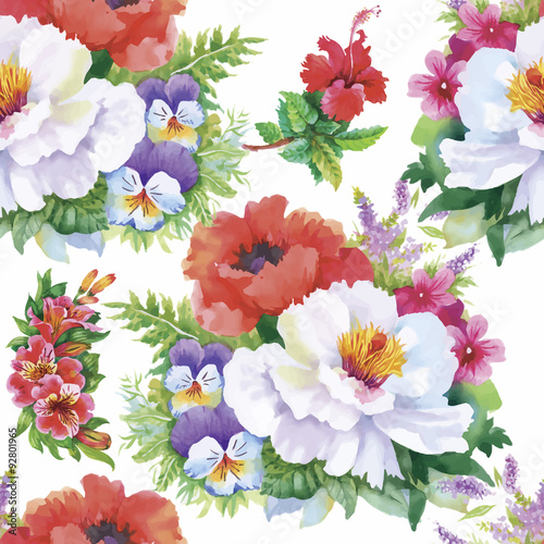 Seamless pattern with Beautiful flowers, Watercolor painting