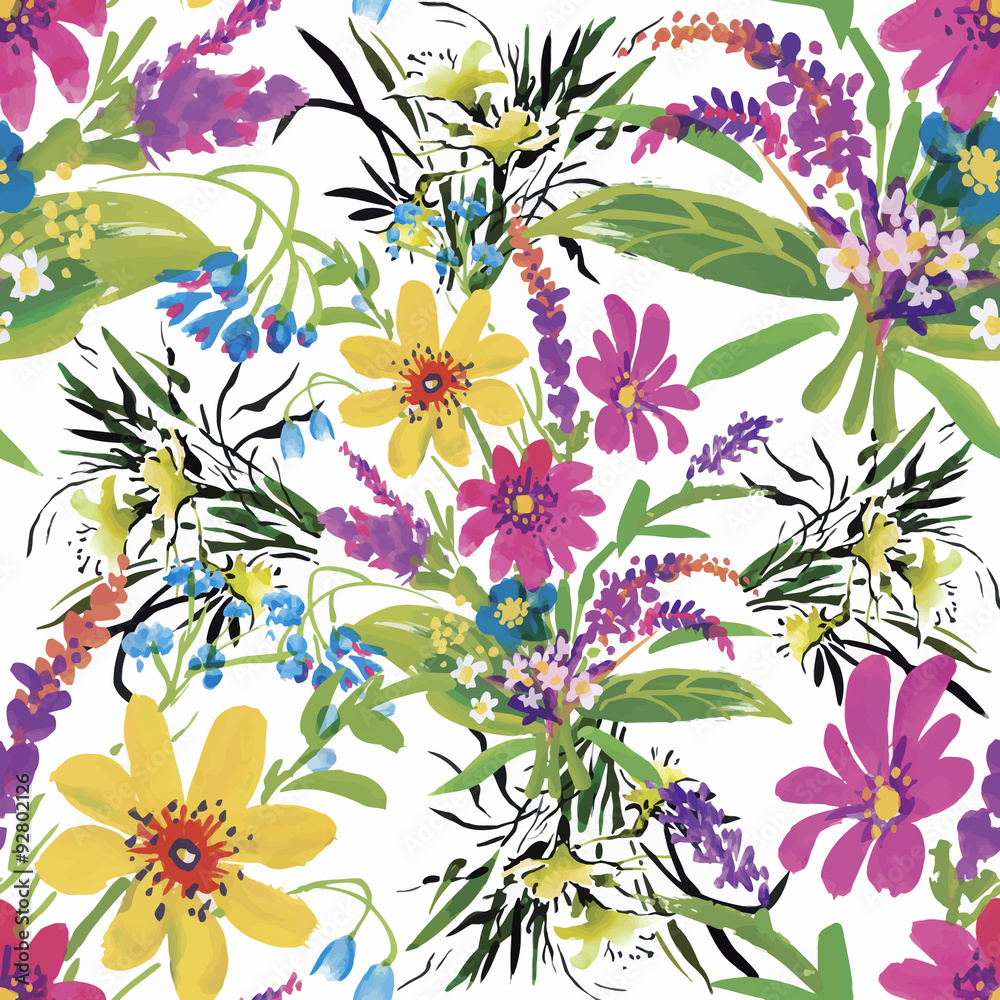 Obraz premium Seamless pattern with Beautiful flowers, Watercolor painting