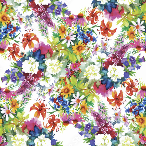 Seamless pattern with Beautiful flowers, Watercolor painting