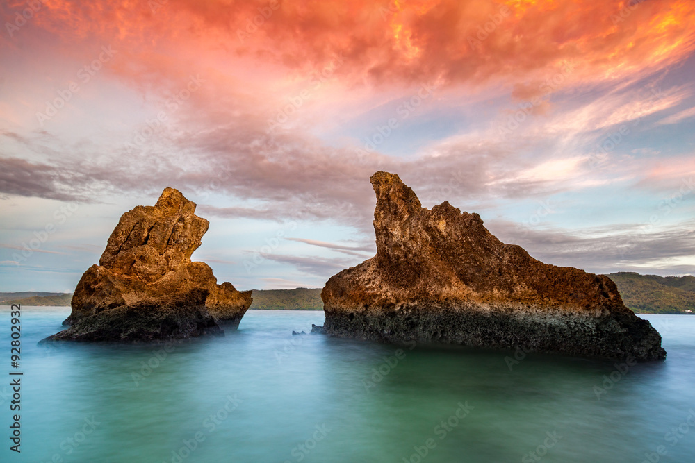 Sunrise with two huge rocks near Cayo Levantado, Dominican Republic