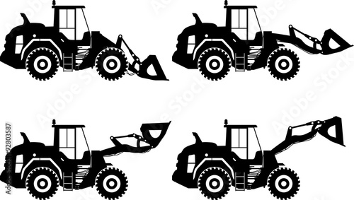 Wheel loaders. Heavy construction machine. Vector illustration