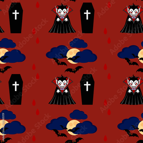 Vampire seamless pattern 2. Vampire man cartoon character in a predatory pose with coffin and flying bats in the sky