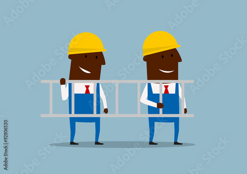 Happy cartoon engineers carrying ladder