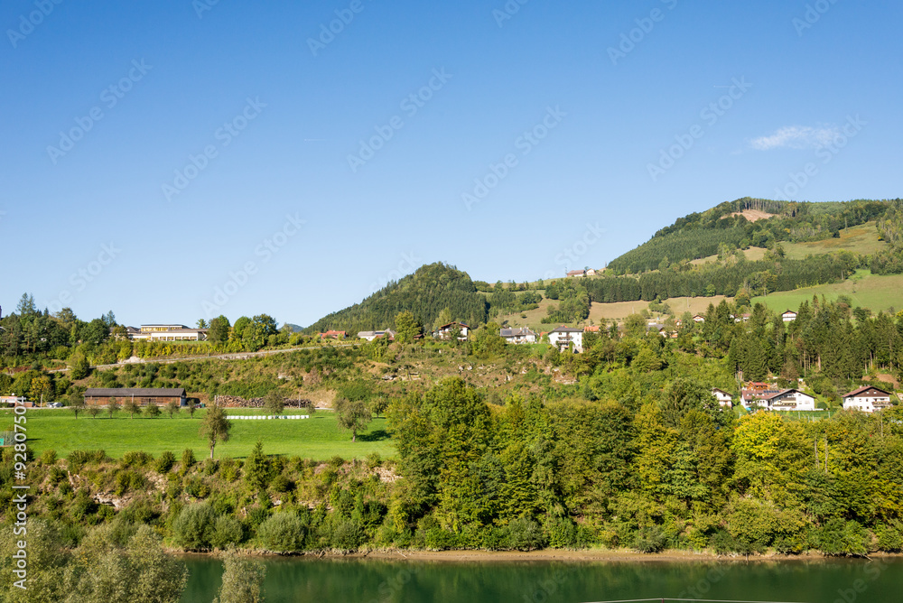 View to the village Grossraming, a small town in the Enns valley in Upper Austria. The Hintergebirge or Lime Stone Alps is the largest closed and virtually uninhabited forest area in Austria