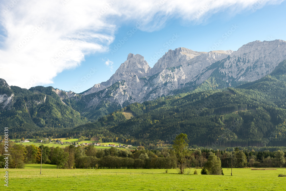 Naklejka premium The Ennstal Alps, the Gesäuse mountain range in the Enns valley is part of the northern Limestone Alps and national park in Styria, Austria. It’s a water gap between Hiflau and Admont