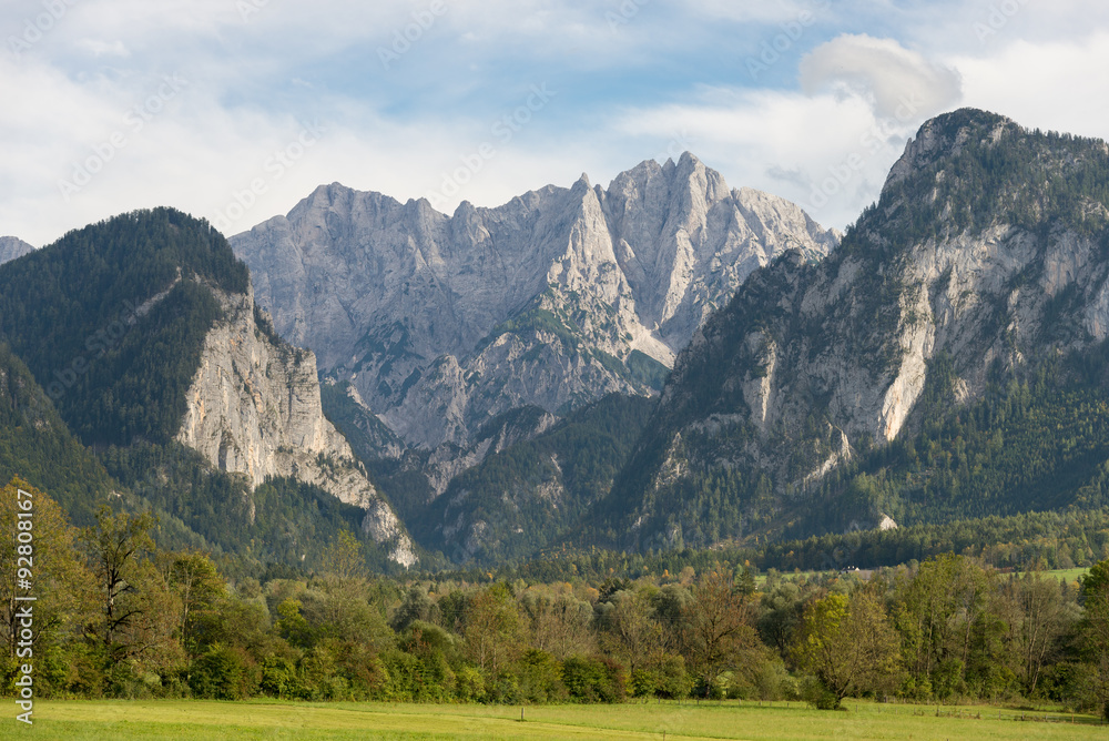 Water gap from the Gesäuse mountain range and view into the Enns valley and the Hochtor massif. The Gesäuse range is part of the Ennstal Alps and a national park in Styria, Austria 