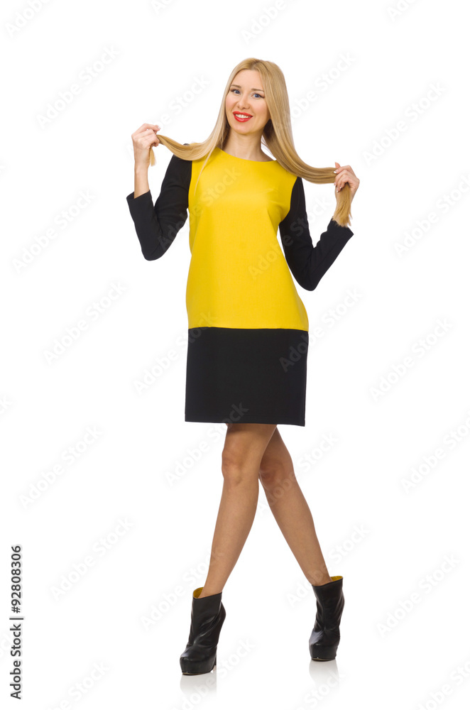 Blond hair girl in yellow and black clothing isolated on white Blond hair girl in yellow and black clothing isolated on white
