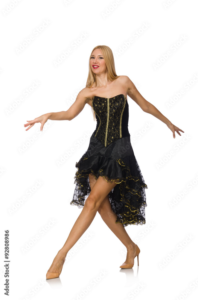 Blond hair girl in black evening dress isolated on white Blond hair girl in black evening dress isolated on white
