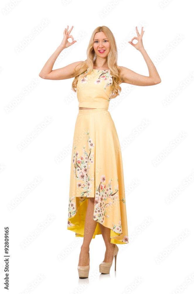 Naklejka premium Blond girl in charming dress with flower prints isolated on