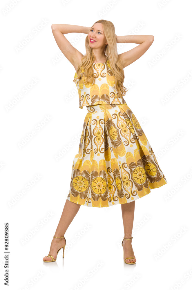 Pretty girl in yellow floral dress isolated on white Pretty girl in yellow floral dress isolated on white