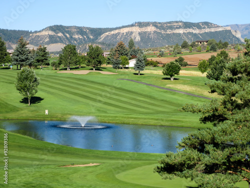 Fountain in a pond at Hillcrest Golf Course in Durango, Colorado