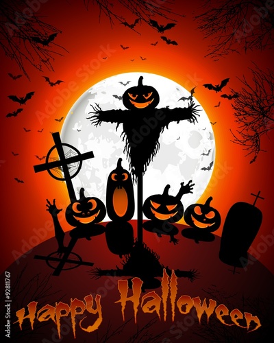 Halloween grave on full moon  background pumpkins devil hand and bats