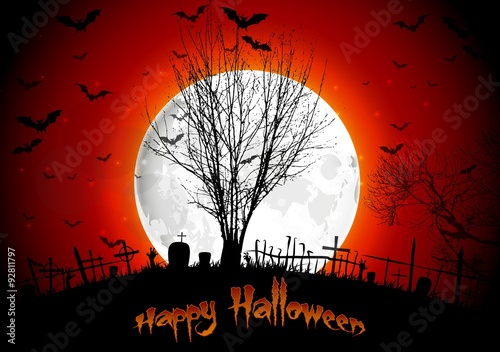 Halloween grave on full moon  background tree hand and bats