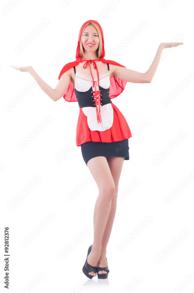 Girl in riding red hood costume isolated on white Girl in riding red hood costume isolated on white