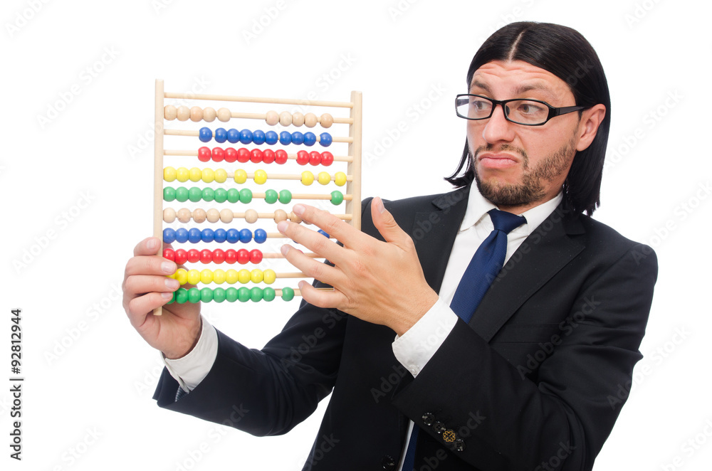 Funny man with calculator and abacus Funny man with calculator and abacus