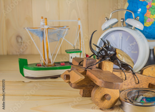 image of five horn beetle and wooden plane