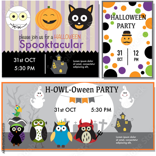 Halloween party invitation cards witch,zombie,black cat,owls cha