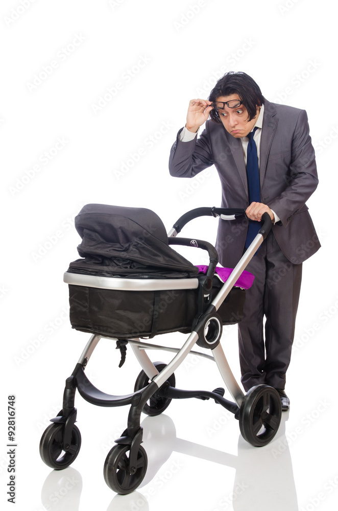Funny dad with baby and pram on white Funny dad with baby and pram on white