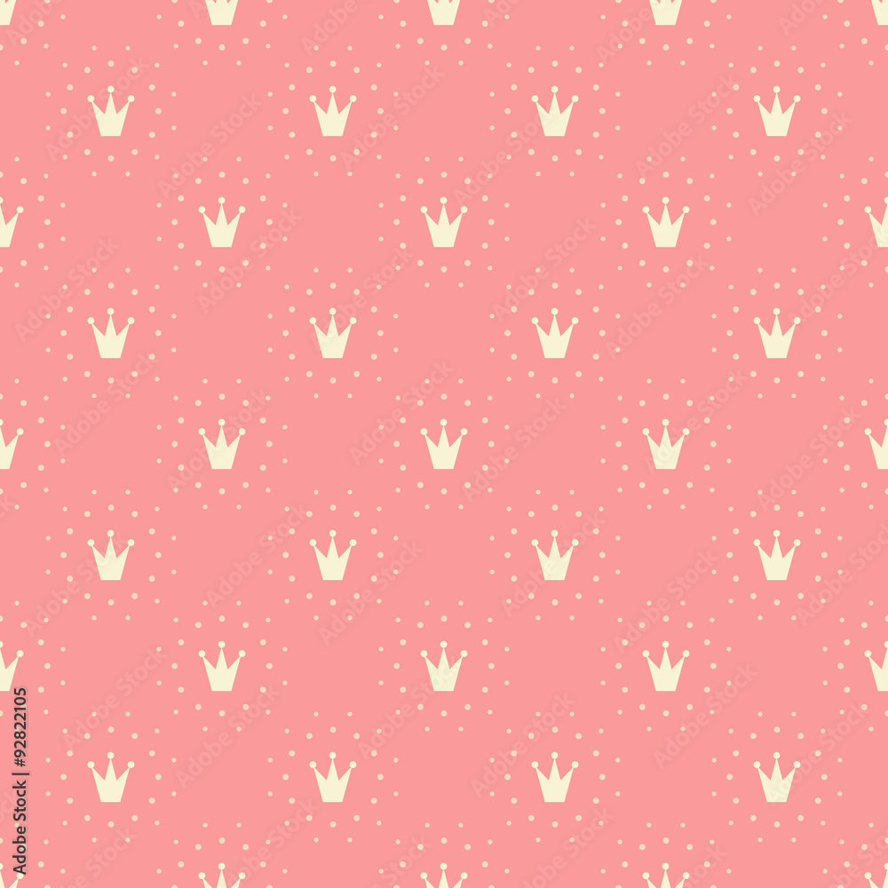 Pink background with Princess crowns, polka dots. Seamless pattern. Pink background with Princess crowns, polka dots. Seamless pattern.