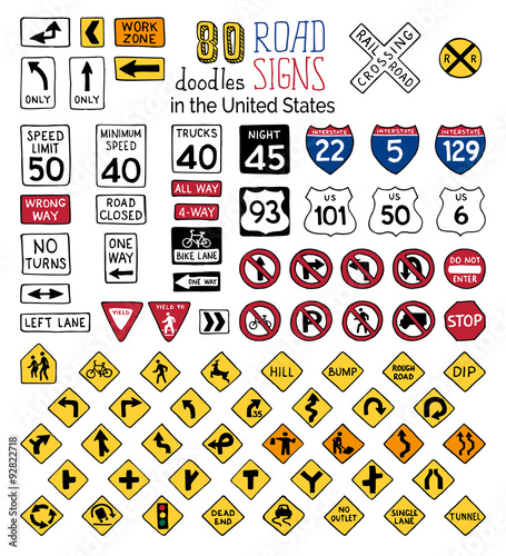 Vector set of cartoon road signs in the United States.