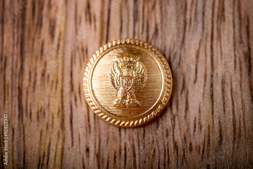 macro of golden button on wood