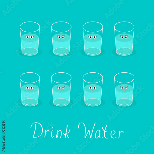 Drink 8 glasses of water. Cute face with eyes Healthy lifestyle concept. Infographic. Flat design.