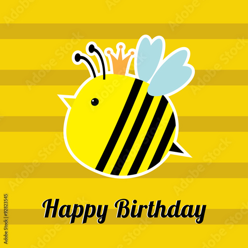 Happy Birthday card with cute bee insect. Baby background Flat design photo