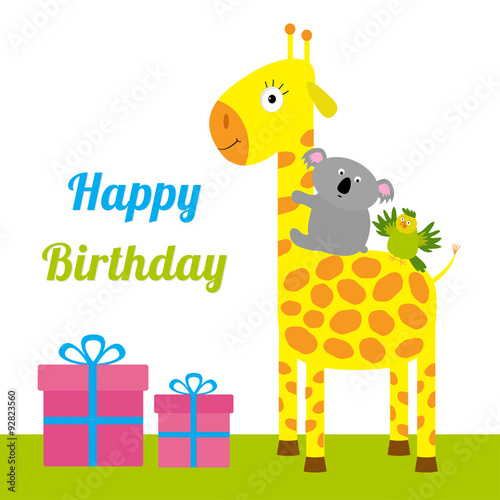 Happy Birthday card with cute giraffe, koala and parrot. Giftbox set Baby background Flat design