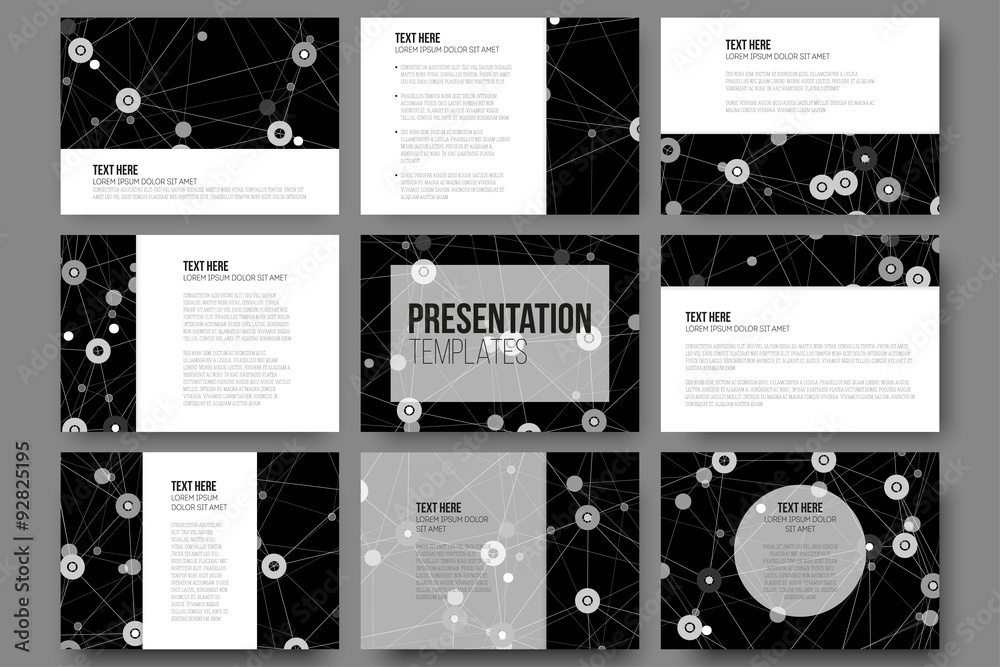 Set of 9 templates for presentation slides. Molecule structure