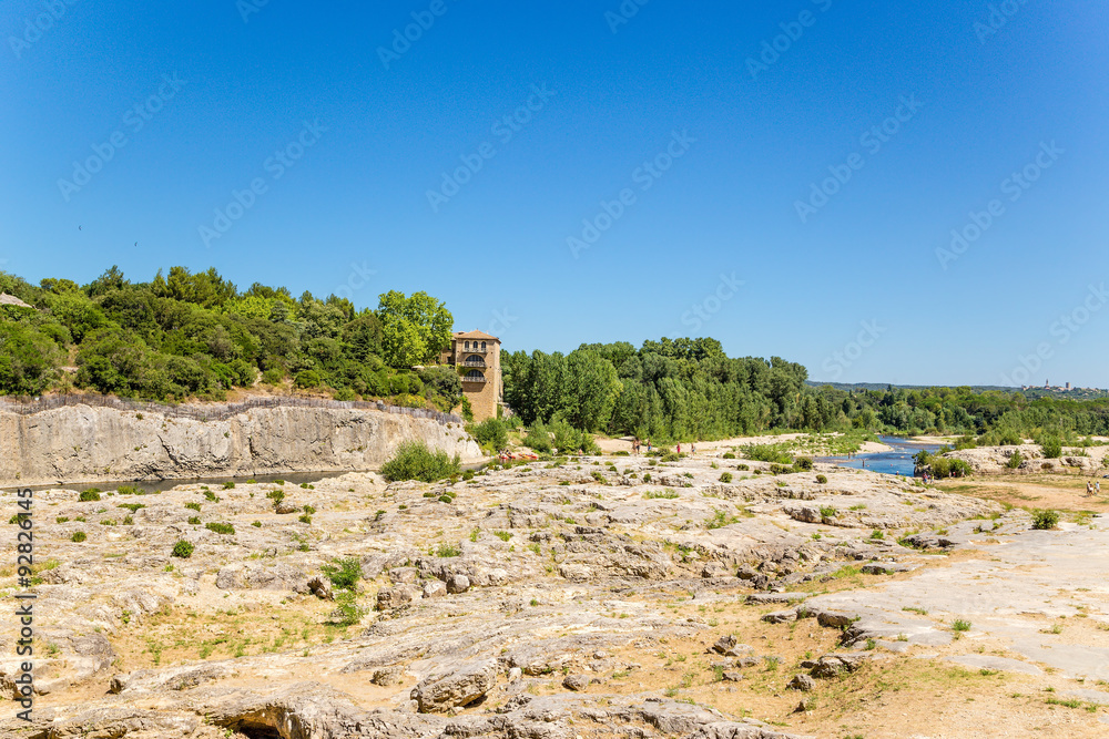 Landscape with the river Gard below the famous Pont du Gard, France