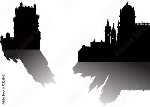 two fortress silhouettes with shadows on white