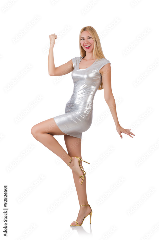 Young woman in silver dress isolated on white Young woman in silver dress isolated on white