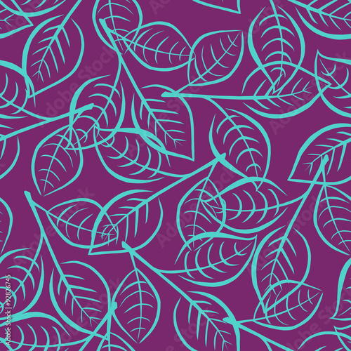 Seamless floral pattern with bright blue leaves on the branches painted on a purple background