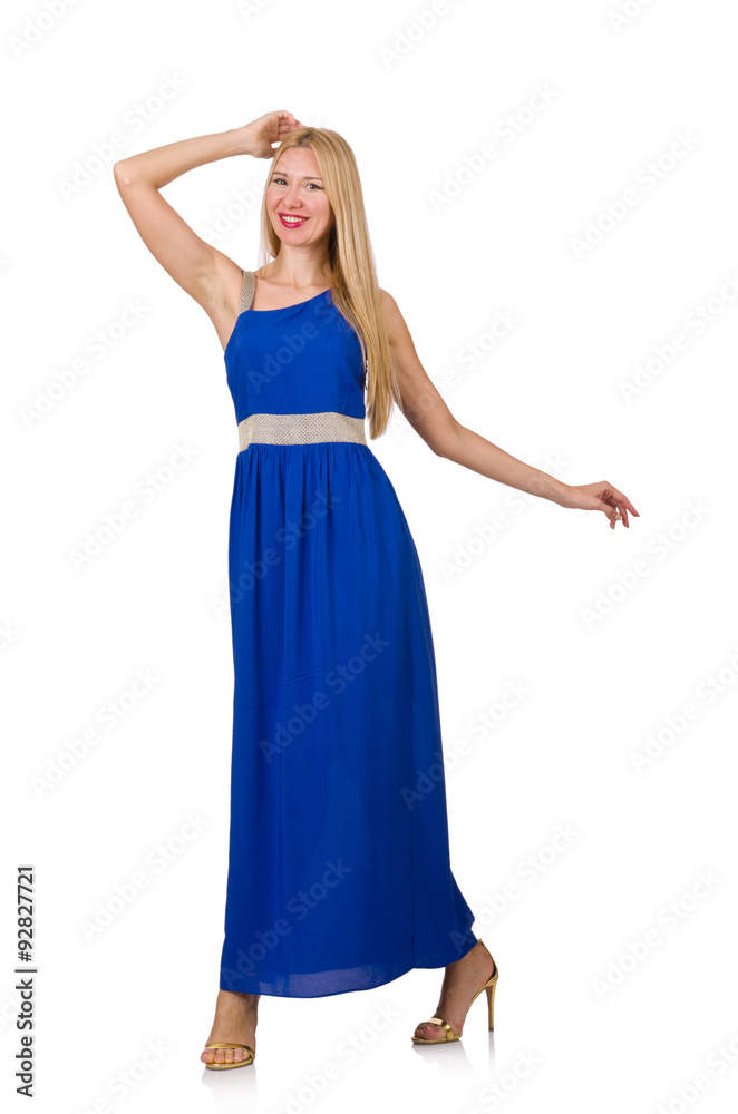 Beautiful woman in long blue dress isolated on white Beautiful woman in long blue dress isolated on white