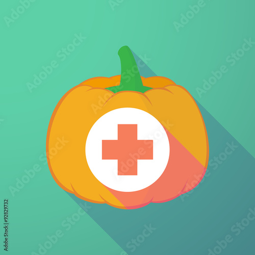 long shadow halloween pumpkin with a round pharmacy sign