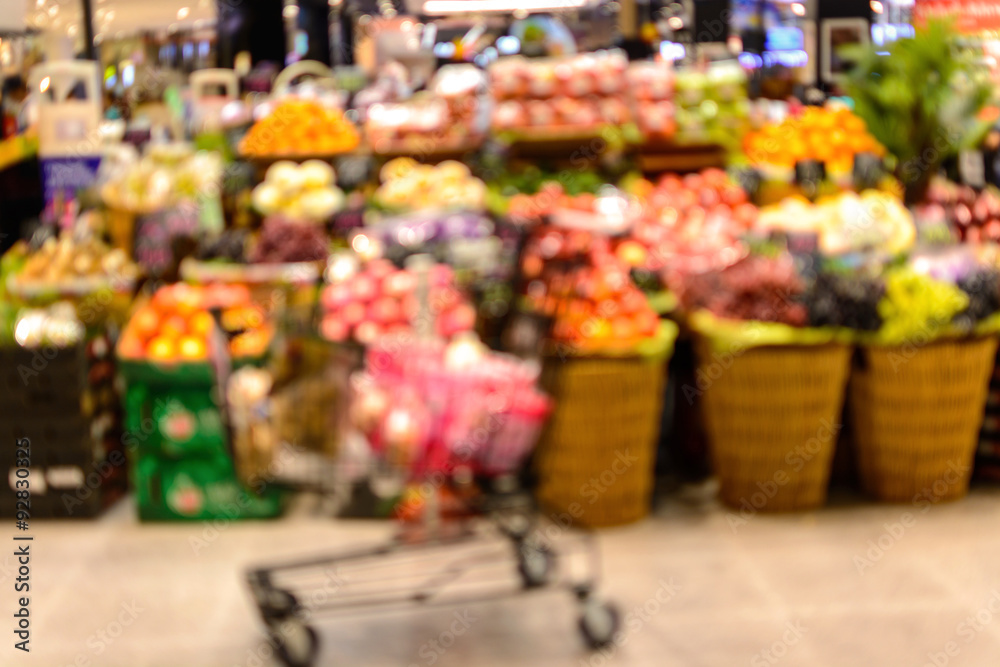 Blur background of fruits shelf in supermarket