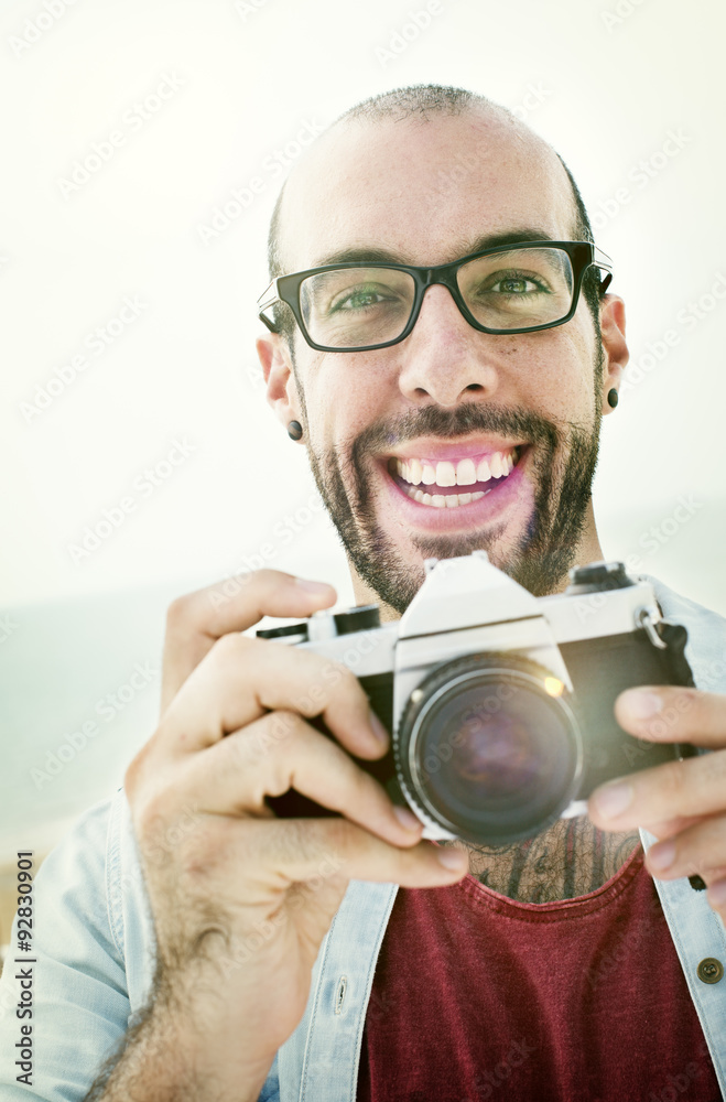 Handsome Photographer Man Beach Vacation Lifestyle Concept Handsome Photographer Man Beach Vacation Lifestyle Concept