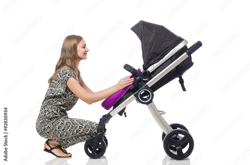 Happy mom with her baby in pram Happy mom with her baby in pram
