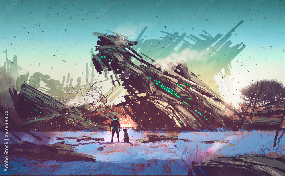 Obraz premium spaceship crashed on blue field,illustration painting