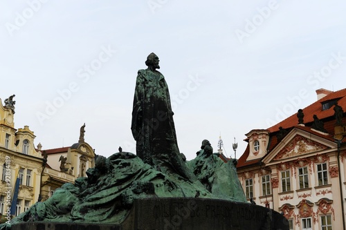 Jan Hus Memorial on Old Town Square , Stare Mesto view, Prague, Czech Republic. Erected on July 6,1915