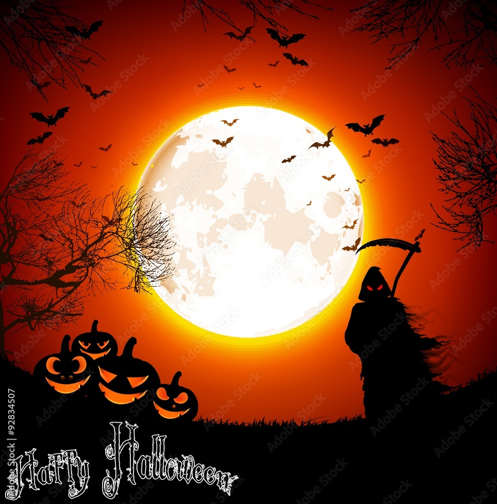 Halloween background with ghost and pumpkins on the full moon