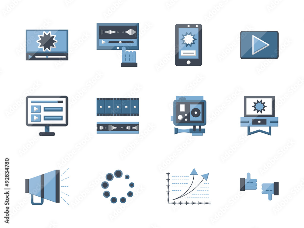 Flat style video blog icons collection