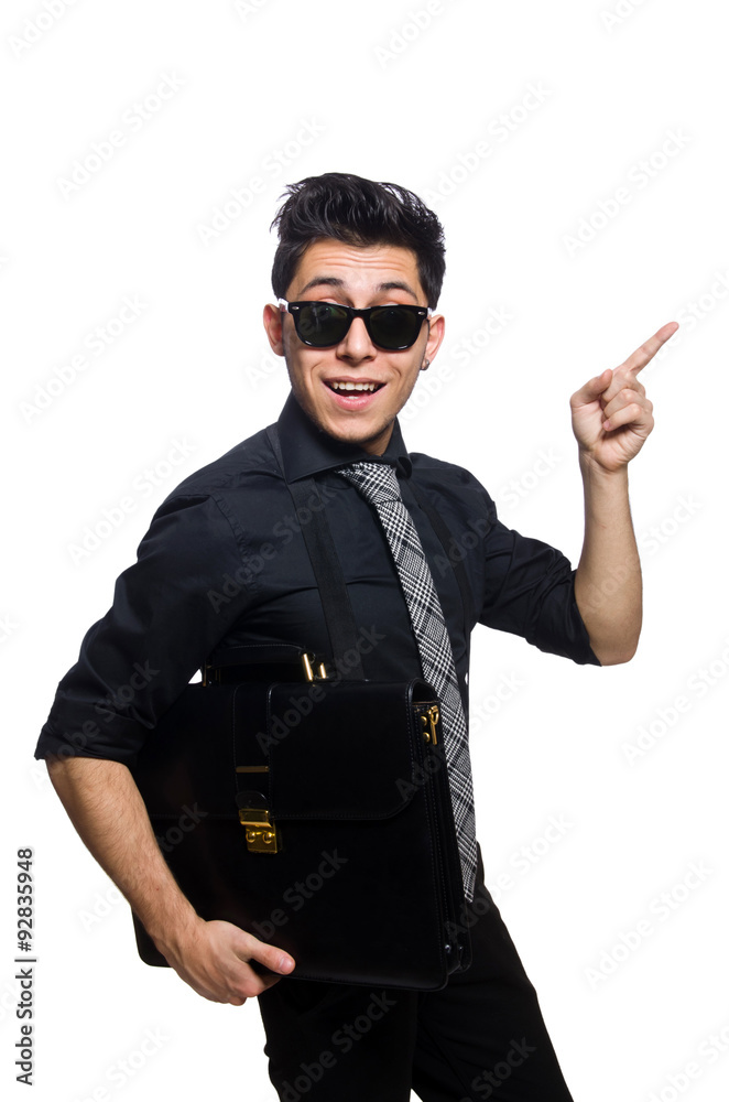 Young smiling employee with briefcase isolated on white