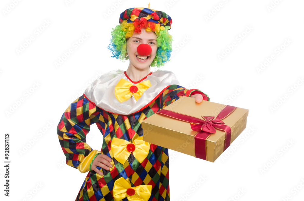 Fototapeta premium Clown with giftbox isolated on white